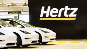 Tesla Model 3 Electric Vehicles at a Hertz airport location