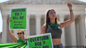 Pro choice activists are seen outside the US Supreme Court building for Roe v Wade rulling