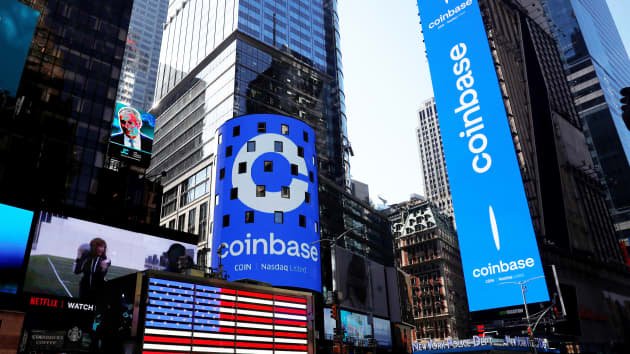 The logo for Coinbase Global Inc, the biggest U.S. cryptocurrency exchange, is displayed on the Nasdaq MarketSite jumbotron