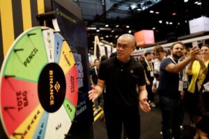 Binance Crypto Booth at Viva Technology conference dedicated to innovation and startups at Porte de Versailles exhibition center, in Paris